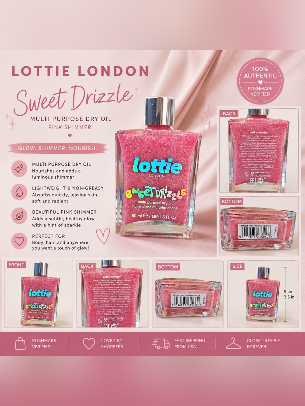 Lottie London Sweet Drizzle Multi-Purpose Dry Oil Pink Shimmer 50ml NEW